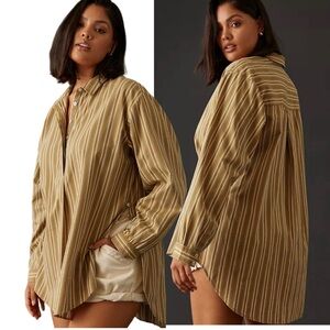 Anthropologie Side-Button Tunic Blouse Striped Oversized Preppy Coastal Medium